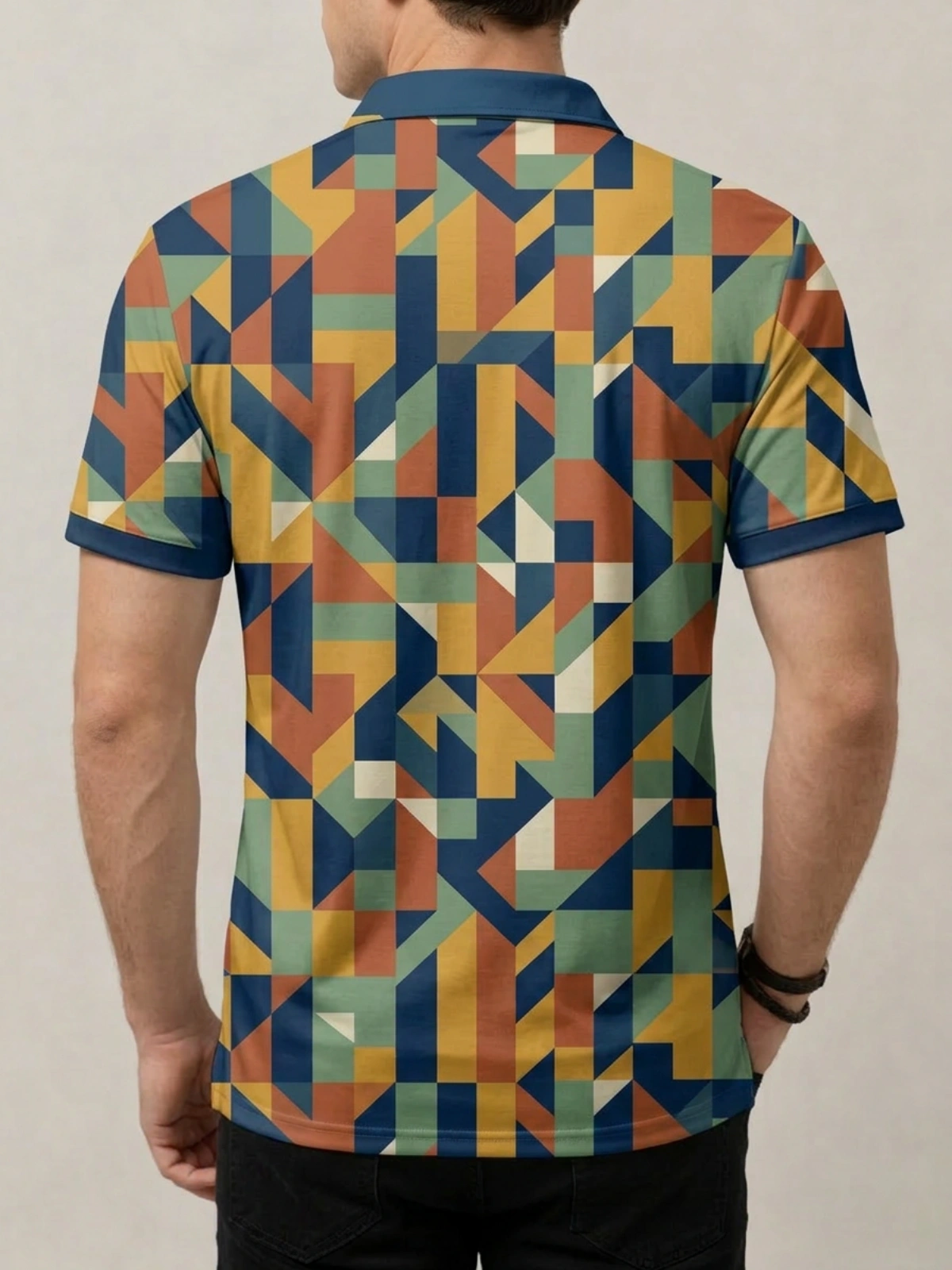 Retro Multicolor Geometric Block Print Short Sleeve Golf Polo Shirt