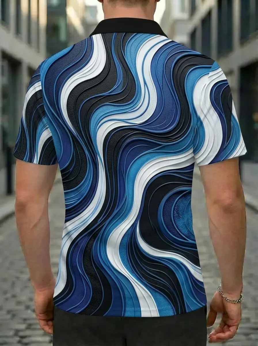 Moisture Wicking Golf Polo 3D Blue Black White 3D Wave Button Short Sleeve Golf Polo Shirt