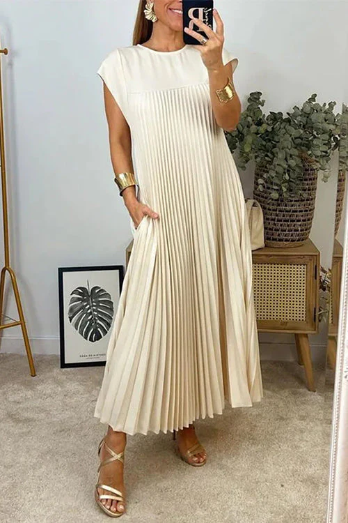 Pleated Cap Sleeve Maxi Dress with PocketsClistos