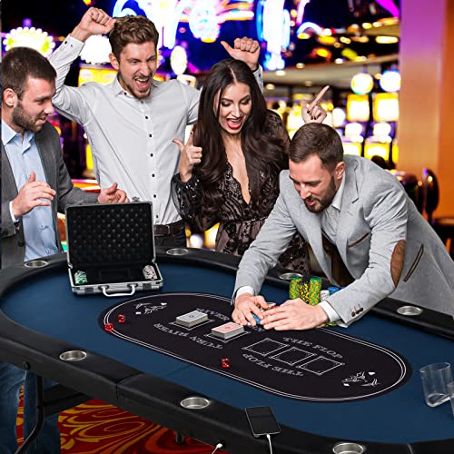 Giantex 10 Players Poker Table with Cup Holder, Folding Casino Leisure Table with 4 USB Ports, Extra Lights, Easy to Assemble, Foldable Game Poker Tables for Texas, Card Games, Blue