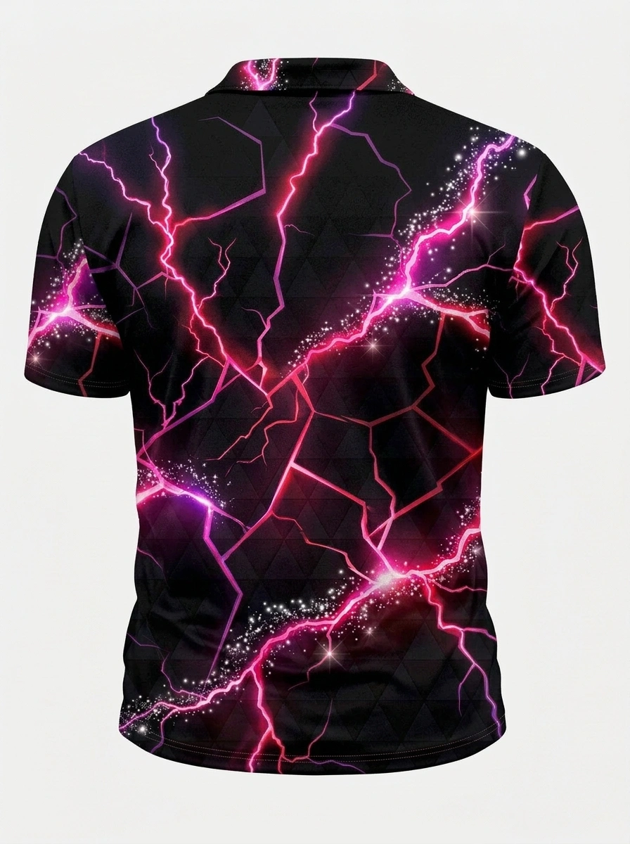 Moisture Wicking Golf Polo 3D Black Pink Lightning Button Short Sleeve Golf Polo Shirt