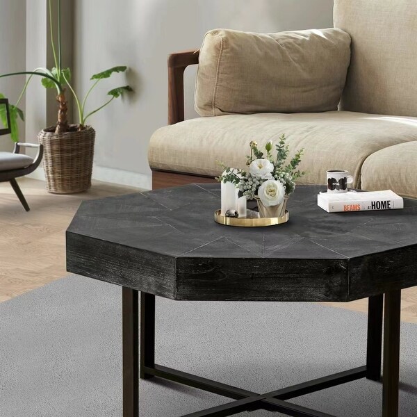 Roomfitters Wood Octagonal Vintage Coffee Table with Cross Metal Legs,Antique Black