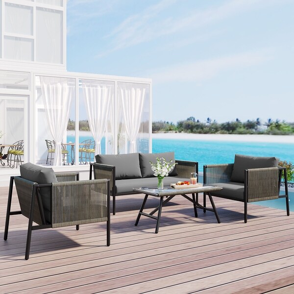 4Piece Rope Sofa Set with Thick Cushions and Toughened Glass Table,AllWeather Patio Furniture Set for 4 Persons