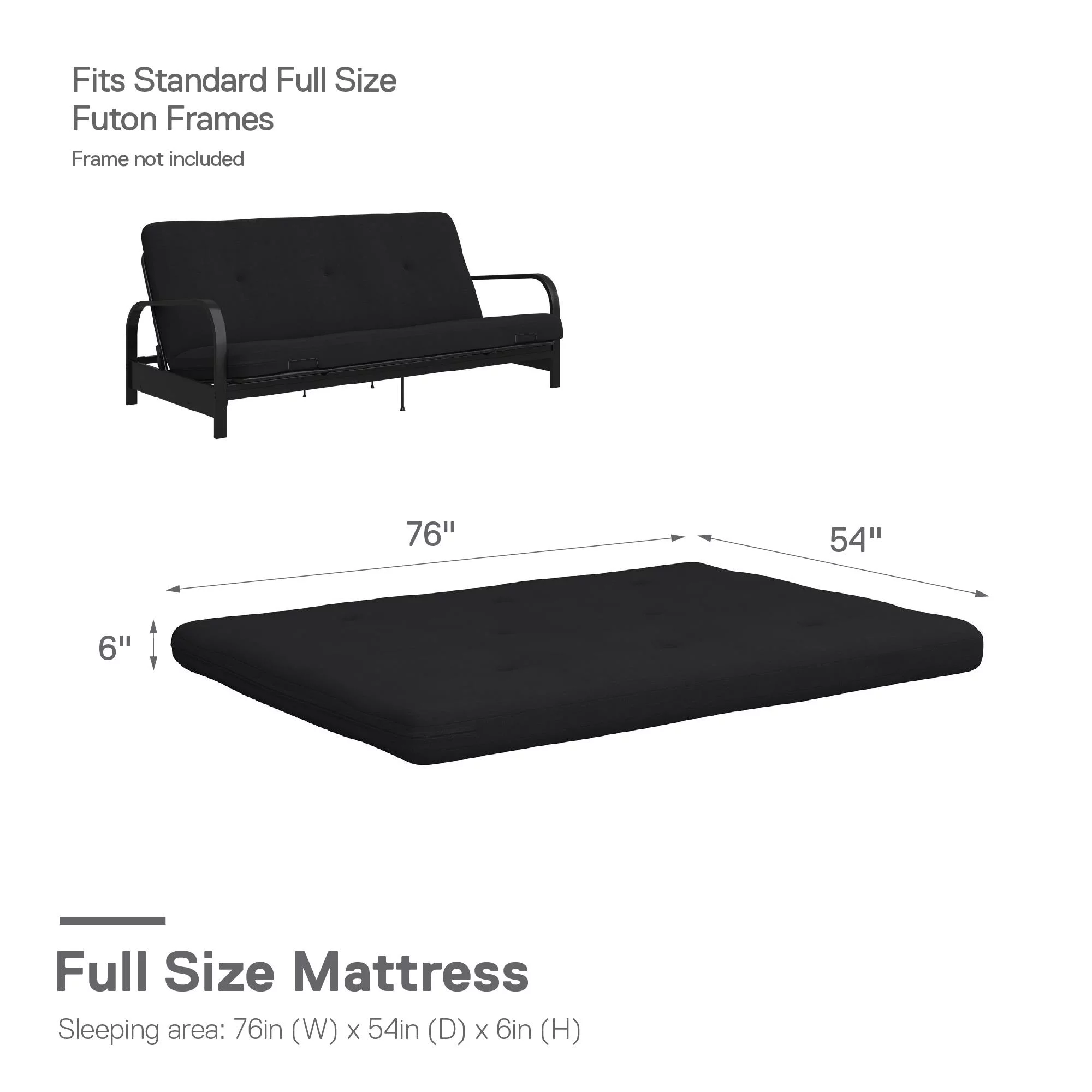 Caddie 6-Inch Futon Mattress with Tufted Cover and Recycled Polyester Fill, Full, Black Linen
