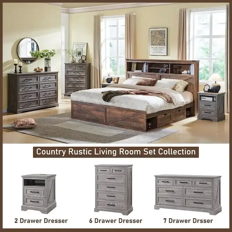Rustic Farmhouse Dresser – 6-Drawer Wooden Chest with Distressed Wood Finish