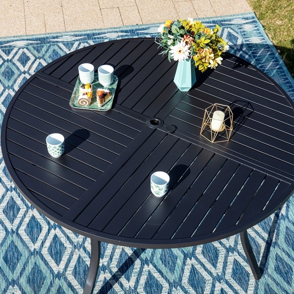7Piece Patio Dining Set ,Large Round Dining Table with Umbrella Hole and Metal Swivel Dining Chairs