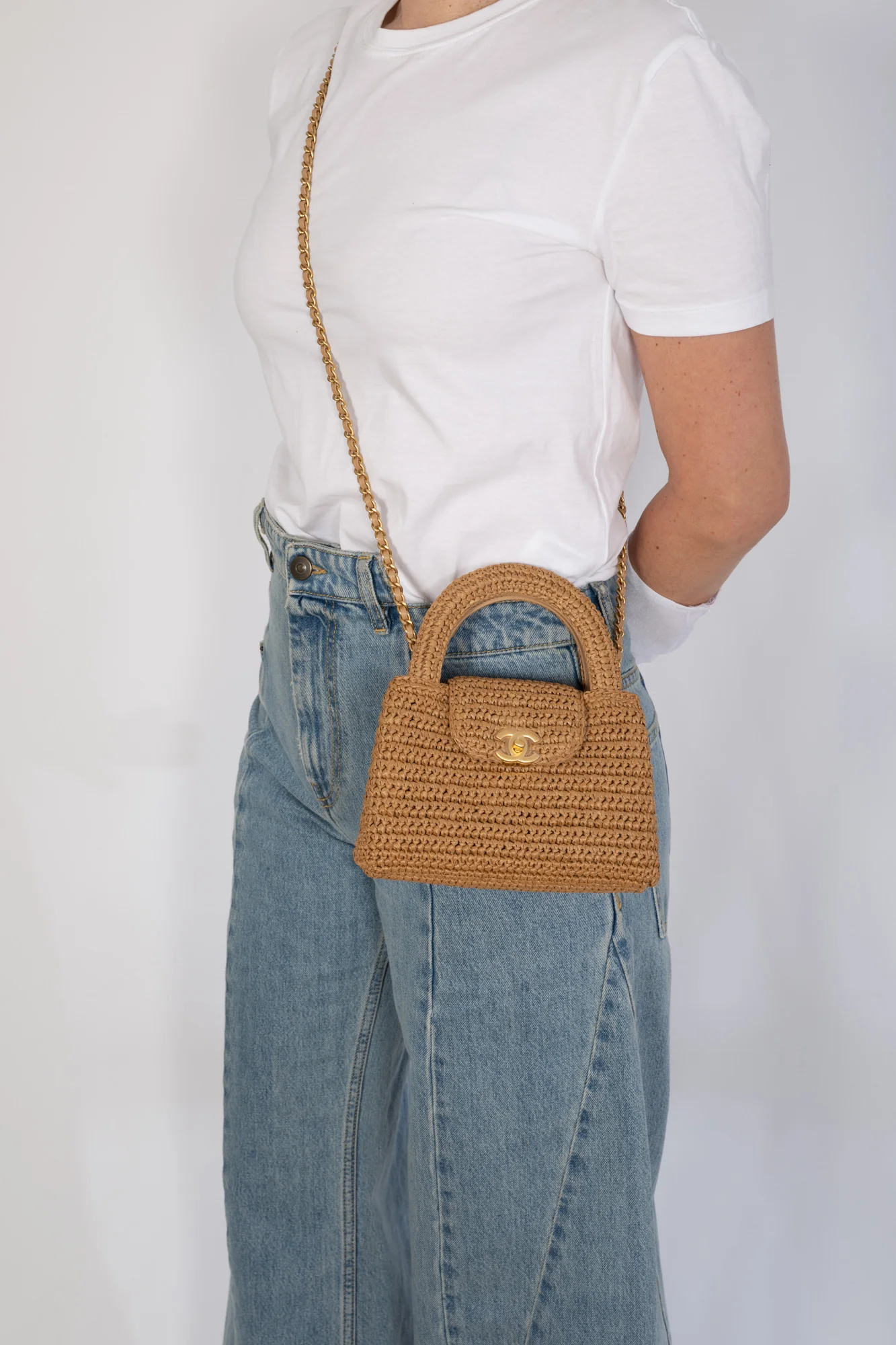 Chanel Mini Shopping Bag Braided Raffia Dark Beige Gold Hardware