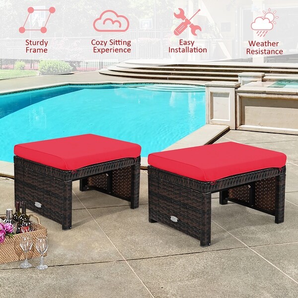 Costway 2PCS Patio Rattan Ottoman Cushioned Seat Foot Rest Furniture