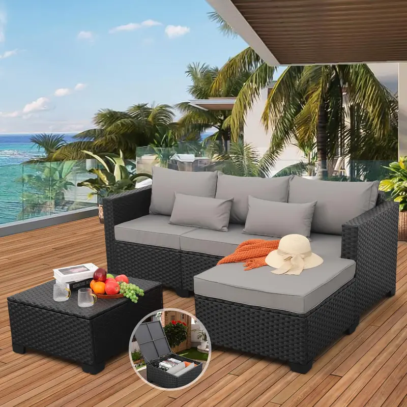 Rattaner 3-Piece Outdoor Patio Set – Wicker Sofa, Ottoman & Storage Table Bundle