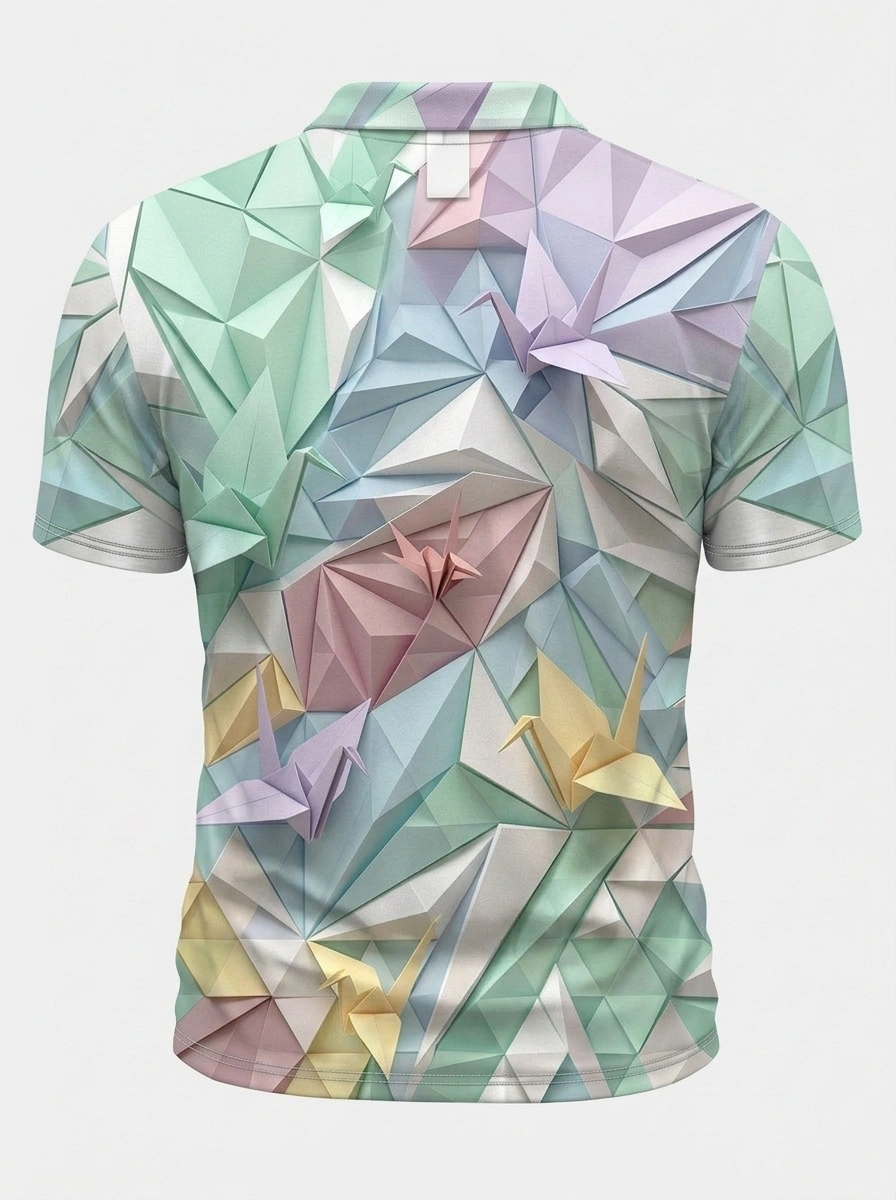 Moisture Wicking Golf Polo 3D Pastel Origami Crane Button Short Sleeve Golf Polo Shirt