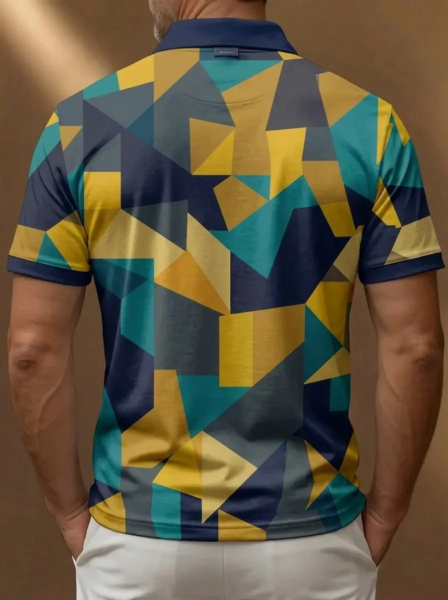 Blue Yellow Teal Geometric Block Print Short Sleeve Golf Polo Shirt