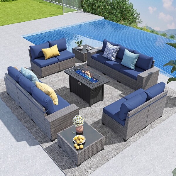 13Piece 10 Person Patio Free Combination Wicker Conversation Set With Waterproof Cushions and Firepit Table