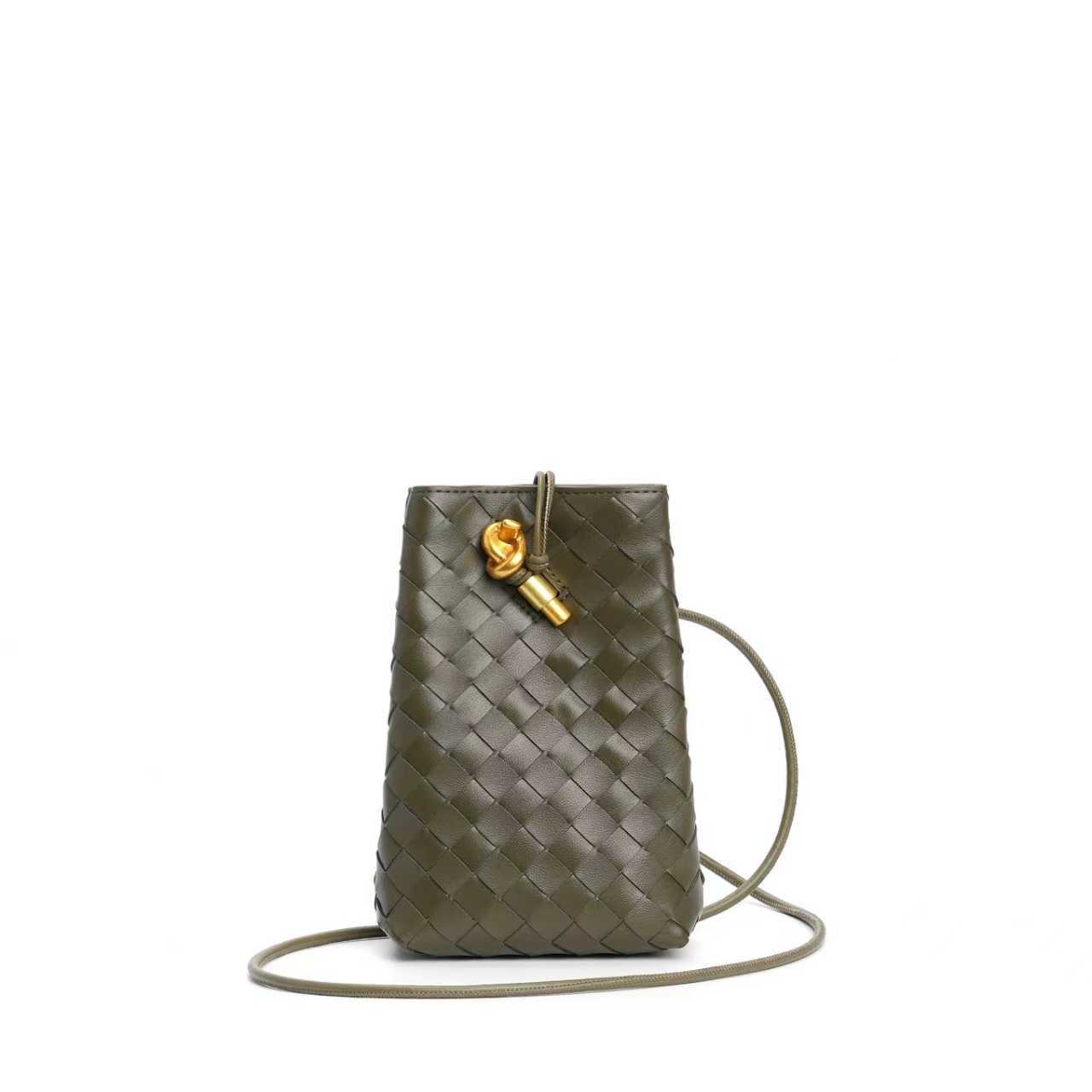 Olive Green Woven Leather Crossbody Bucket Bag