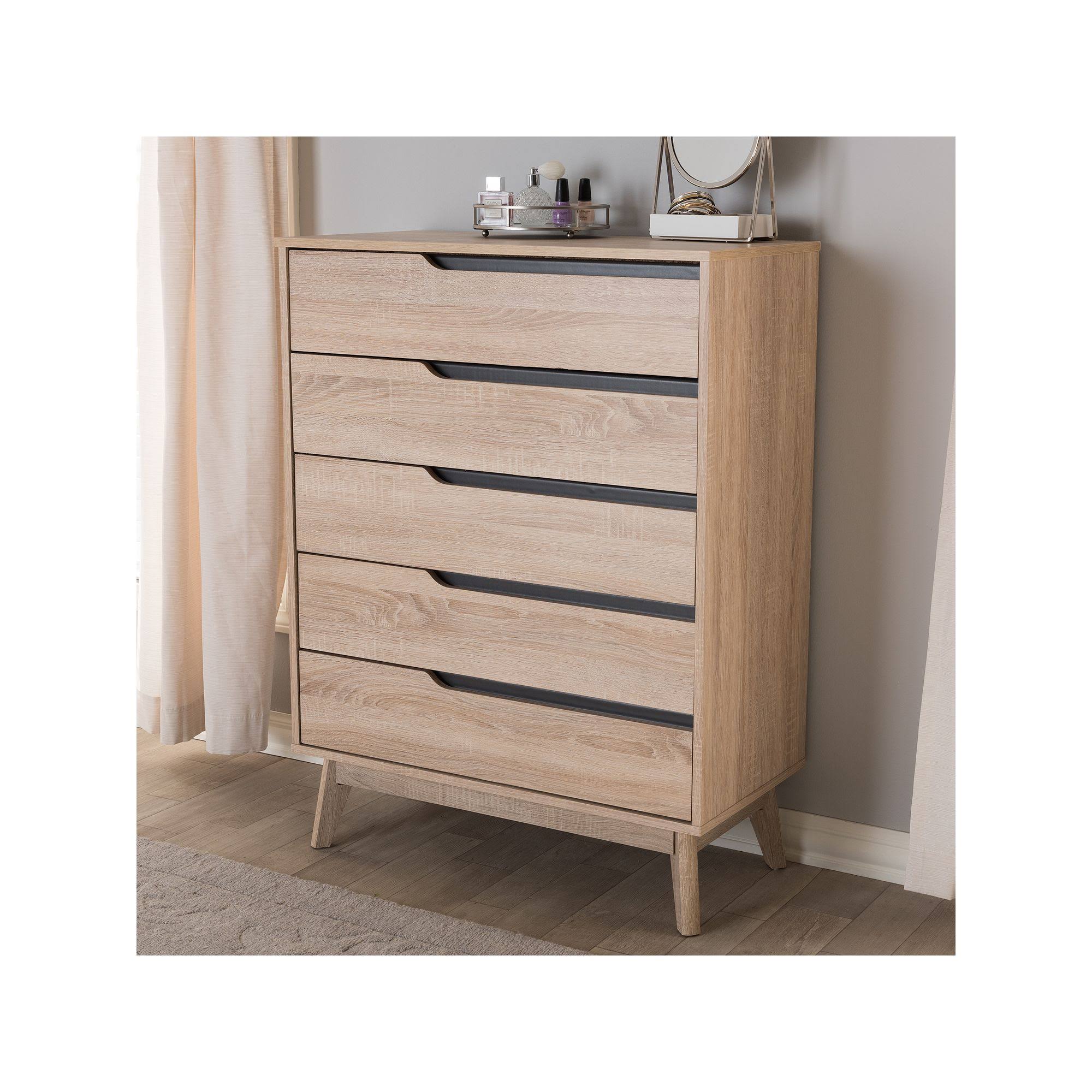 Baxton Studio Fella 5-Drawer Chest, Oak Brown/Grey