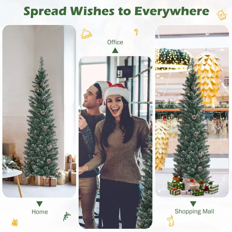 Slim Snow-Flocked Pencil Christmas Tree – Pre-Lit Artificial Tree with Hinged Branches