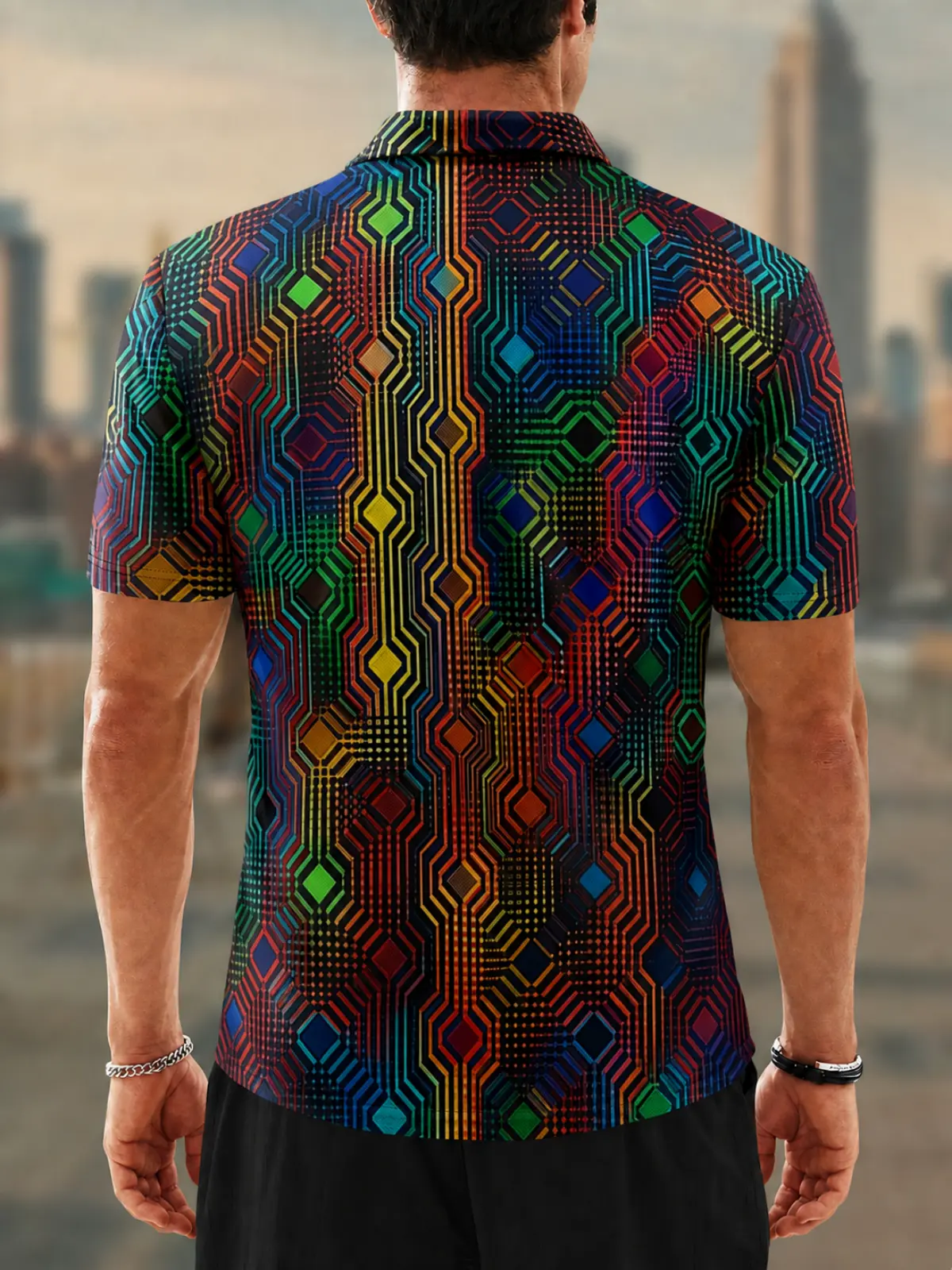 Moisture Wicking Golf Polo 3D Rainbow Geometric Zigzag Button Short Sleeve Golf Polo Shirt