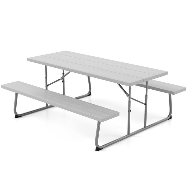 Folding Picnic Table Set with Metal Frame and AllWeather HDPE Tabletop,Umbrella Hole
