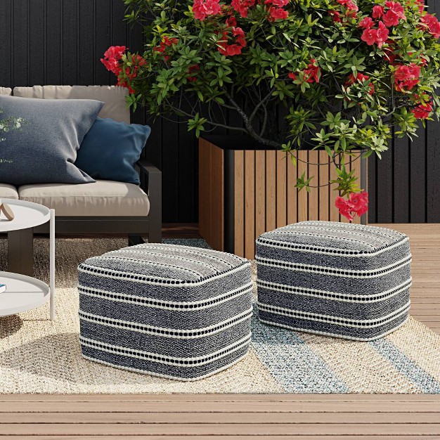 Anika Square Woven Pet Polyester Pouf Navy white Wyndenhall