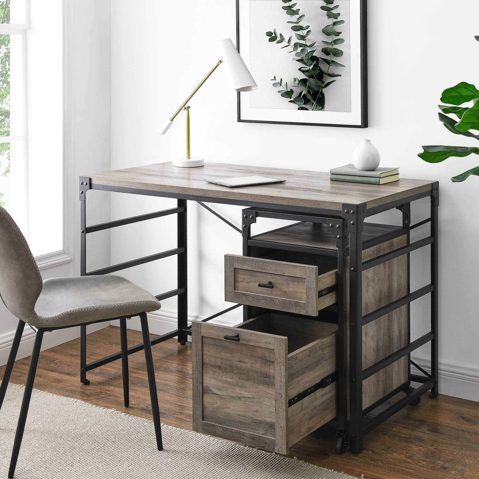 Halverson Angle Iron Writing Desk with 2 Drawer Filing Cabinet Gray Wash - Saracina Home
