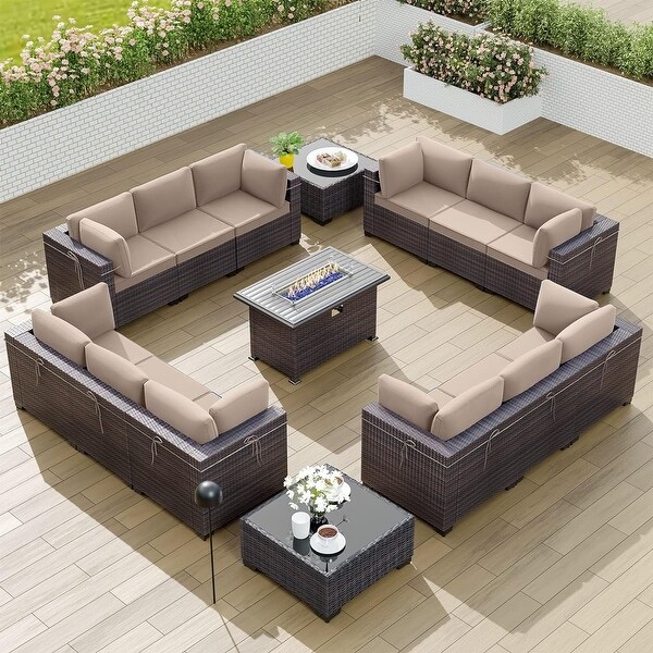 Kullavik 15PCS Outdoor Patio Furniture Set with Fire Pit Table and Glass Top Coffee Table