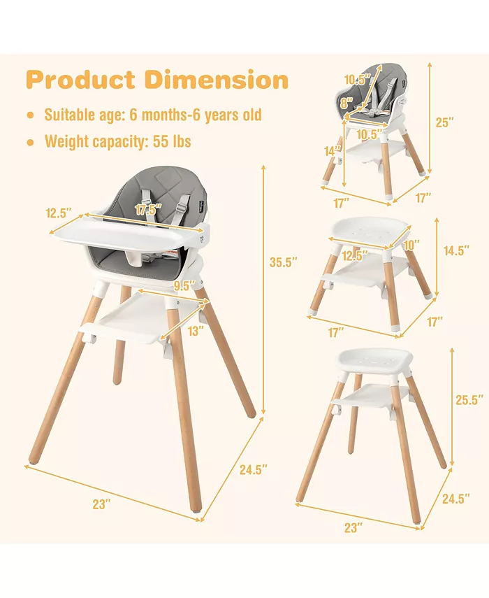 Costway 6-in-1 Convertible Wooden Baby Highchair Infant Feeding Chair with Removable Tray