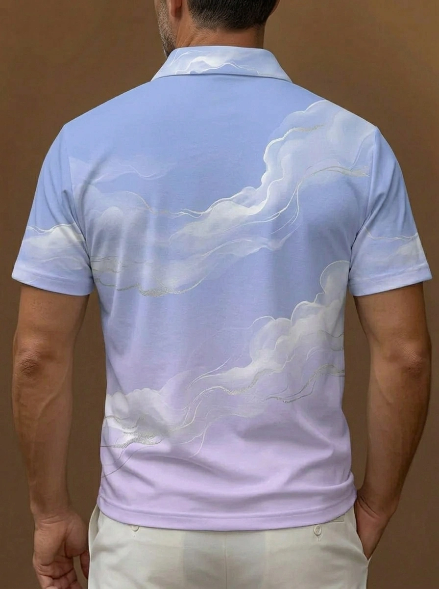 Light Blue Purple Gradient Cloud Print Short Sleeve Golf Polo Shirt