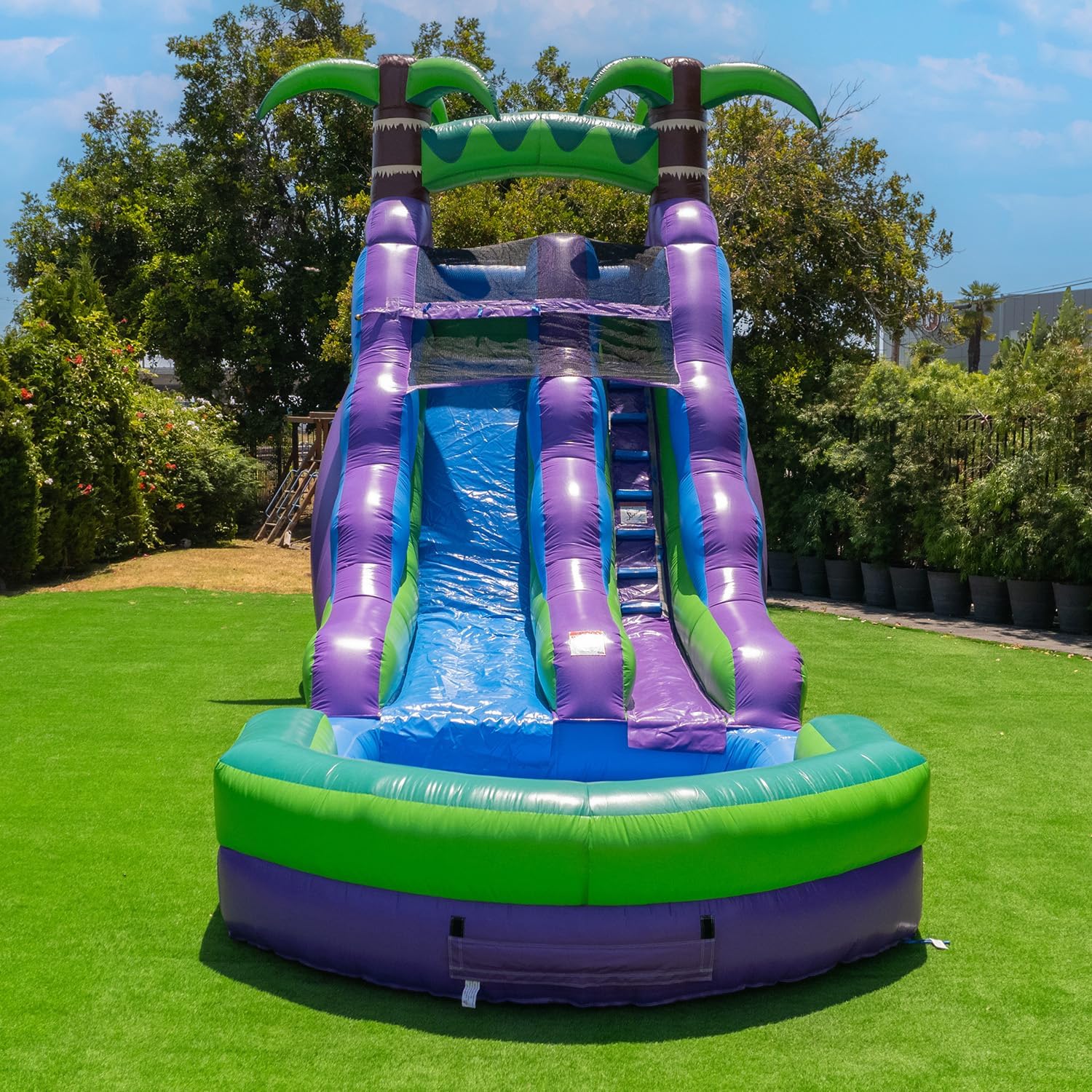 HeroKiddo 16' Purple Tropical Lightweight Premium Commercial Grade Water Slide Inflatable with Attached Pool for Kids and Adults (with Blower), Wet Dry Use, Summer Fun