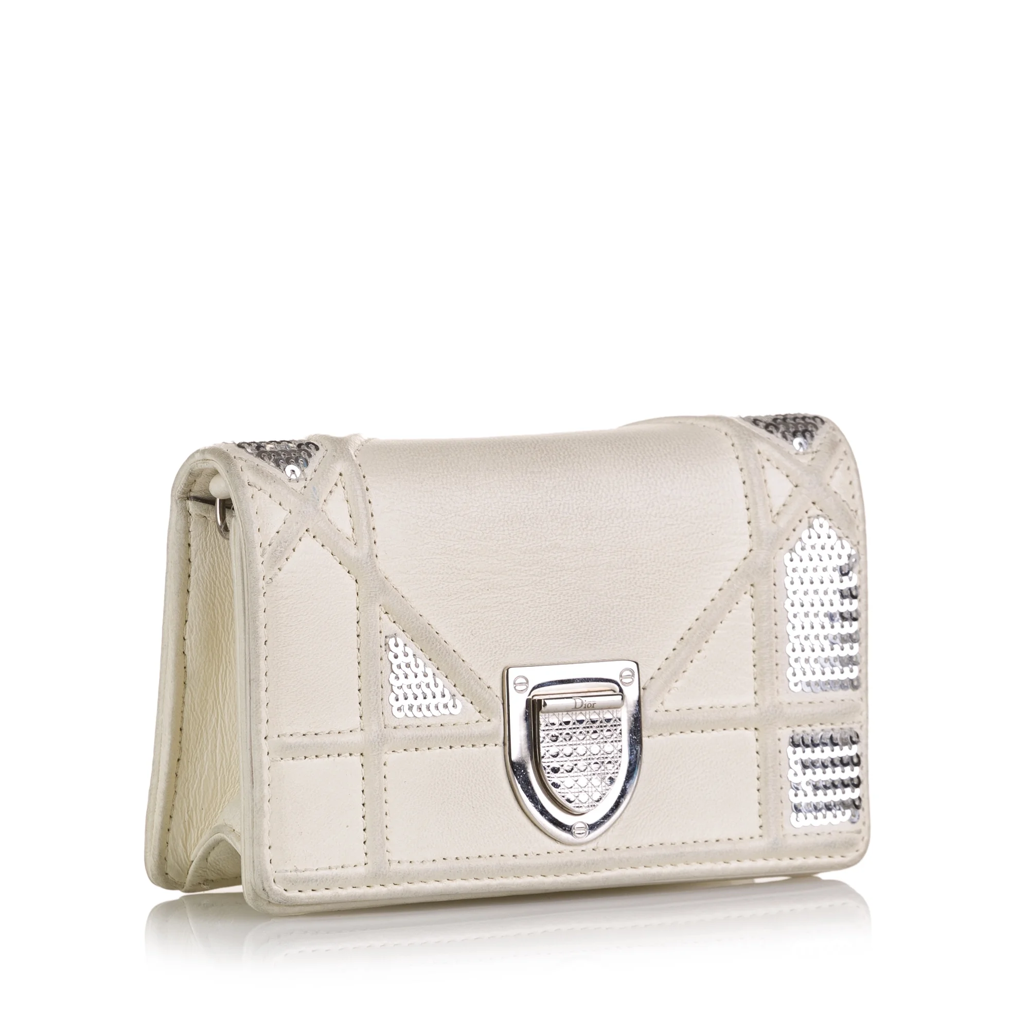 Pre-Owned Authenticated Dior Mini Diorama Sequin Flap Calf Leather White Crossbody Bag Unisex (Like New)