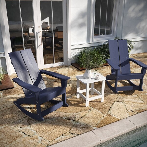 2 Modern Dual Slat Poly Resin Adirondack Rocking Chairs with Side Table