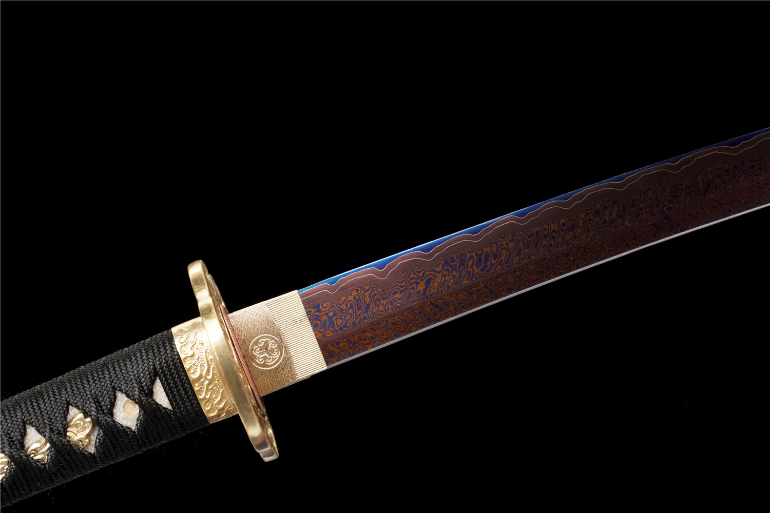 Handmade Katana Damascus Sanmai Blue Blade Phoenix Tail Copper Tsuba Full Tang