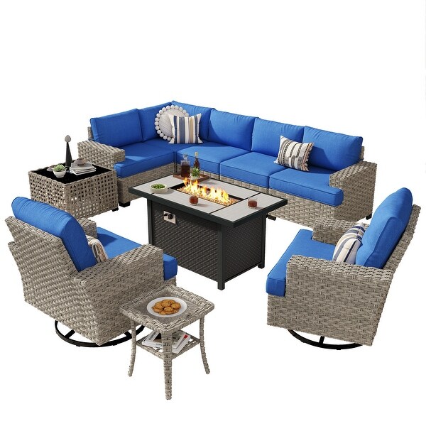 OVIOS 10 Pieces T shaped Seat Wide Armrest Swivel Chair Set With SolarPowered TableandFire Pit