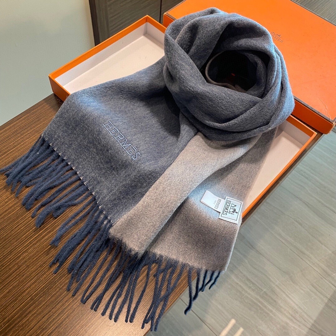 Hermes Cashmere Scarf Colorblock Blue Gray For Women 180cm