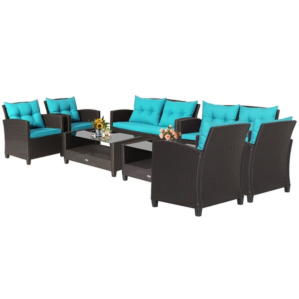 Costway 8 PCS Patio Rattan Furniture Set Glass Table Shelf Sofa