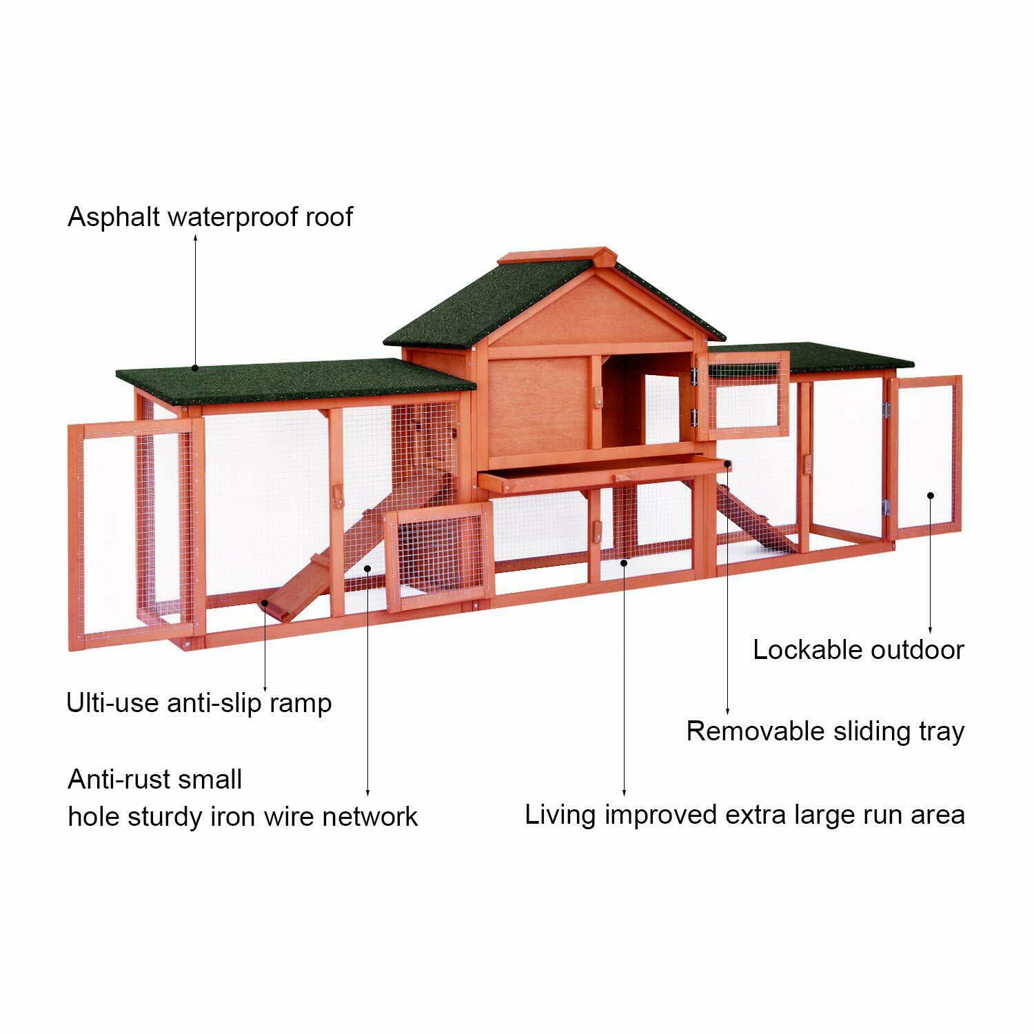 streakboard 83” Large Rabbit Hutch Backyard Wooden Chicken Coop Bunny Poultry Cage W/ Ramp