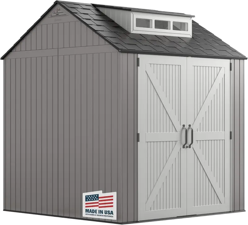Rubbermaid Weather-Resistant Resin Shed – 7×7 FT Outdoor Storage with Built-In Floor for Lawn Mowers, Bikes, and Pool Gear