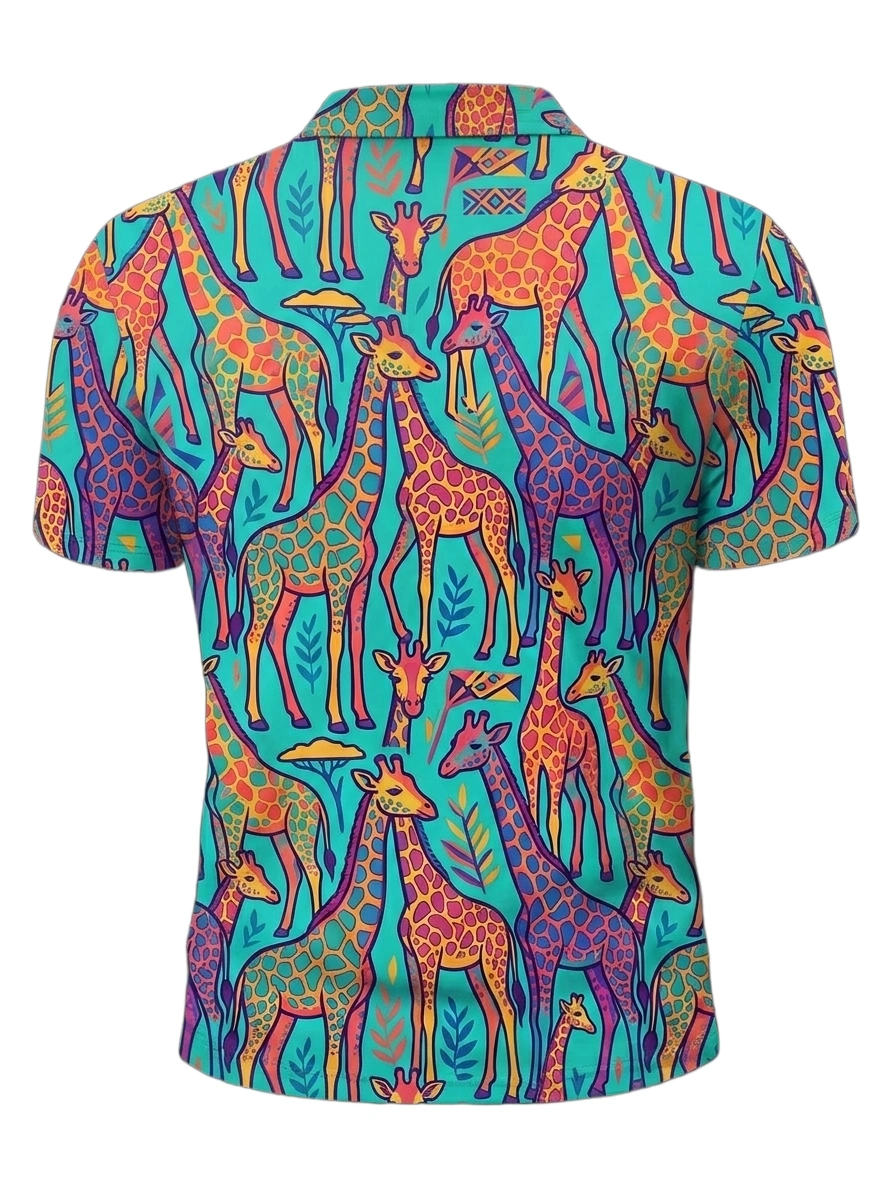 Moisture Wicking Golf Polo 3D Colorful Giraffe Button Short Sleeve Golf Polo Shirt