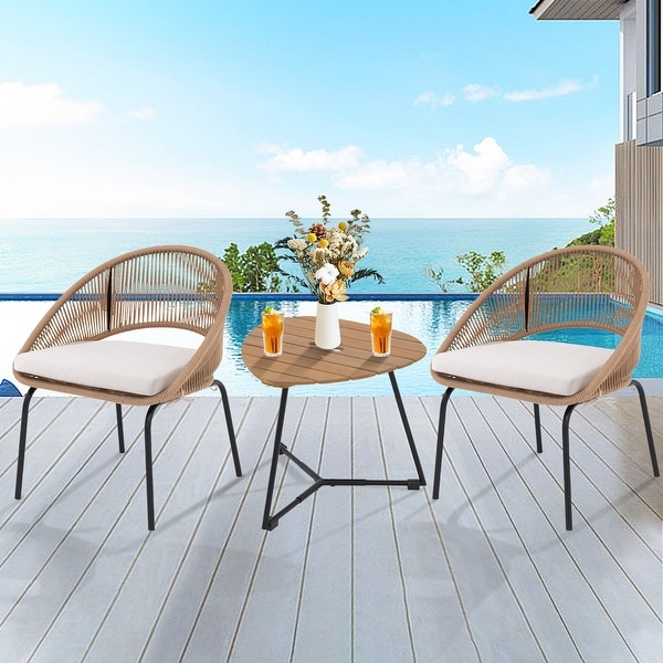 3 Piece Handmade Rope Bistro Set,Outdoor Balcony Set Furniture w/Cushion and Coffee Table