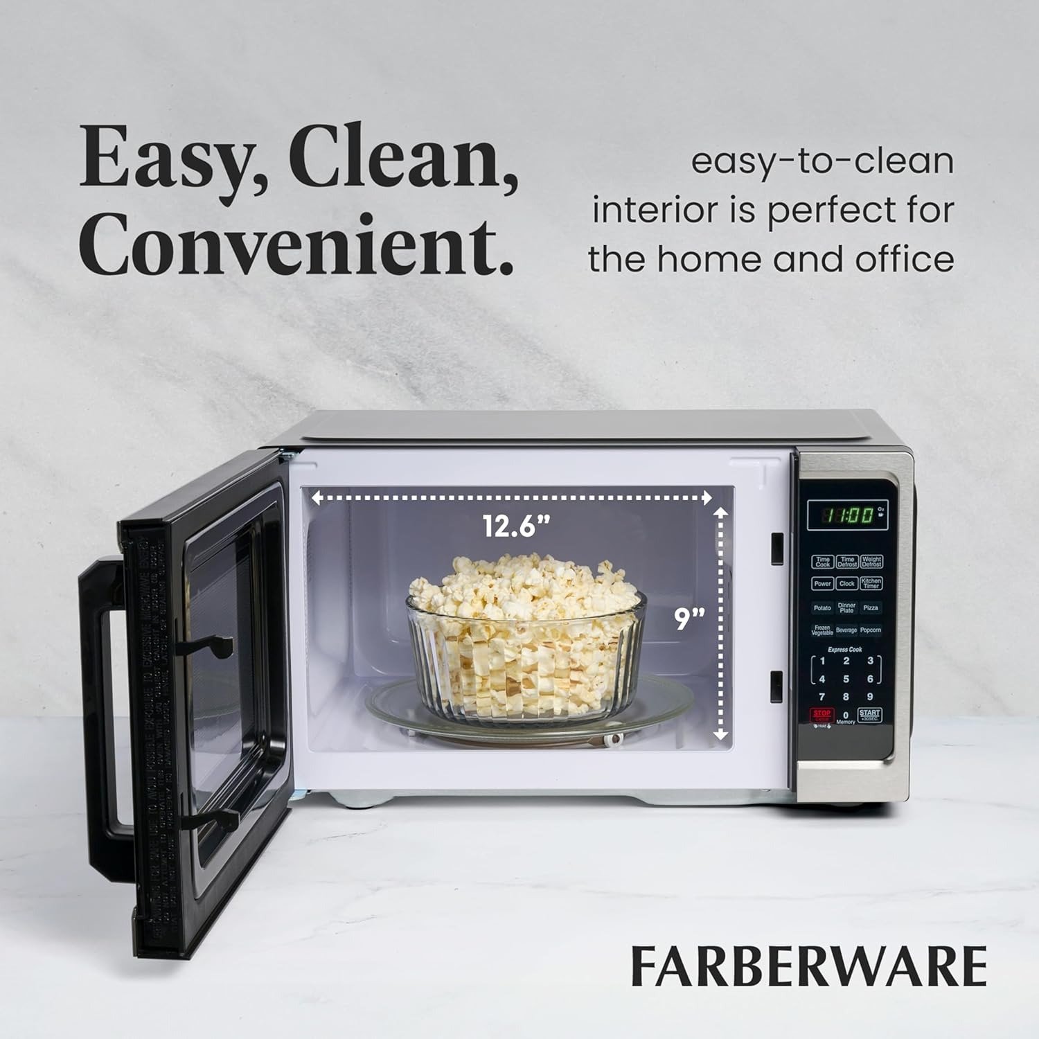 0.9 Cu. Ft. Countertop Microwave Oven – 900 Watts Power, Auto Cook Settings, Defrost, Easy Clean and Child Safety Lock – Stainless