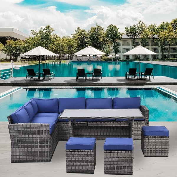 Patio Furniture Set,7 Pieces Sectional Conversation Sofa with Ottomans,All Weather,With Backrest and Removable Cushions