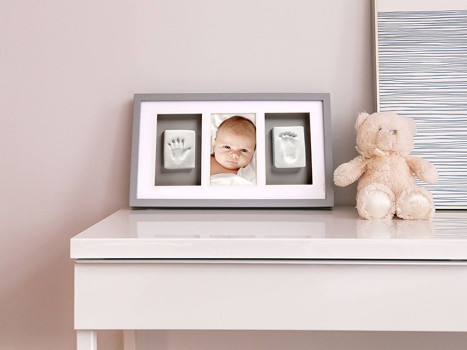 Pearhead Babyprints Newborn Baby Handprint and Footprint Deluxe Wall Photo Frame u0026 Impression Kit, Grey