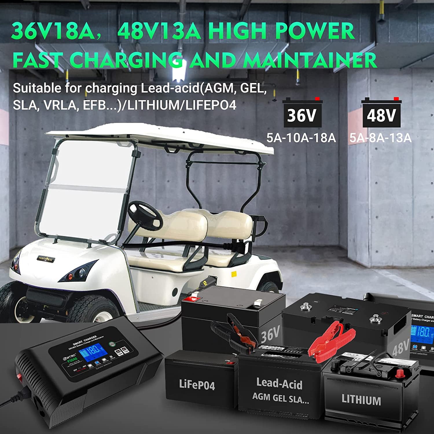 HTRC 36V/48V Golf Cart Charger 18-Amp Smart Charger, Golf Car Battery Charger,Trickle Charger