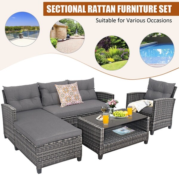 Costway 4PCS Patio Rattan Furniture Set Cushioned Loveseat Table Shelf