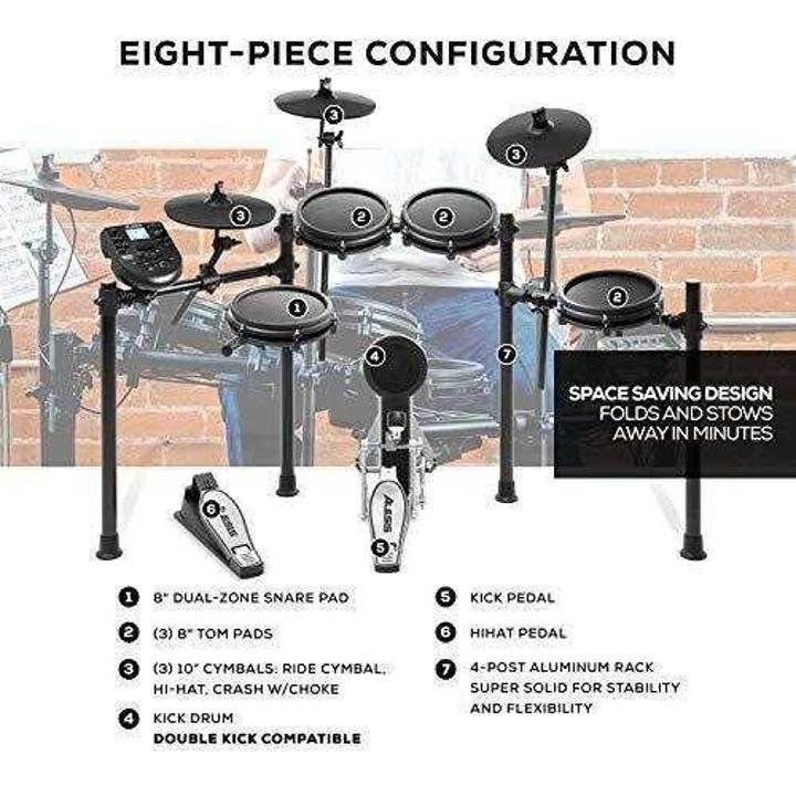 alesis-drums-nitro-mesh-kit-Eight Piece All Mesh Electronic Drum Kit With Super Solid Aluminum Rack, 385 Sounds, 60 Play Along Tracks, Connection Cables, Drum Sticks & Drum Key Included