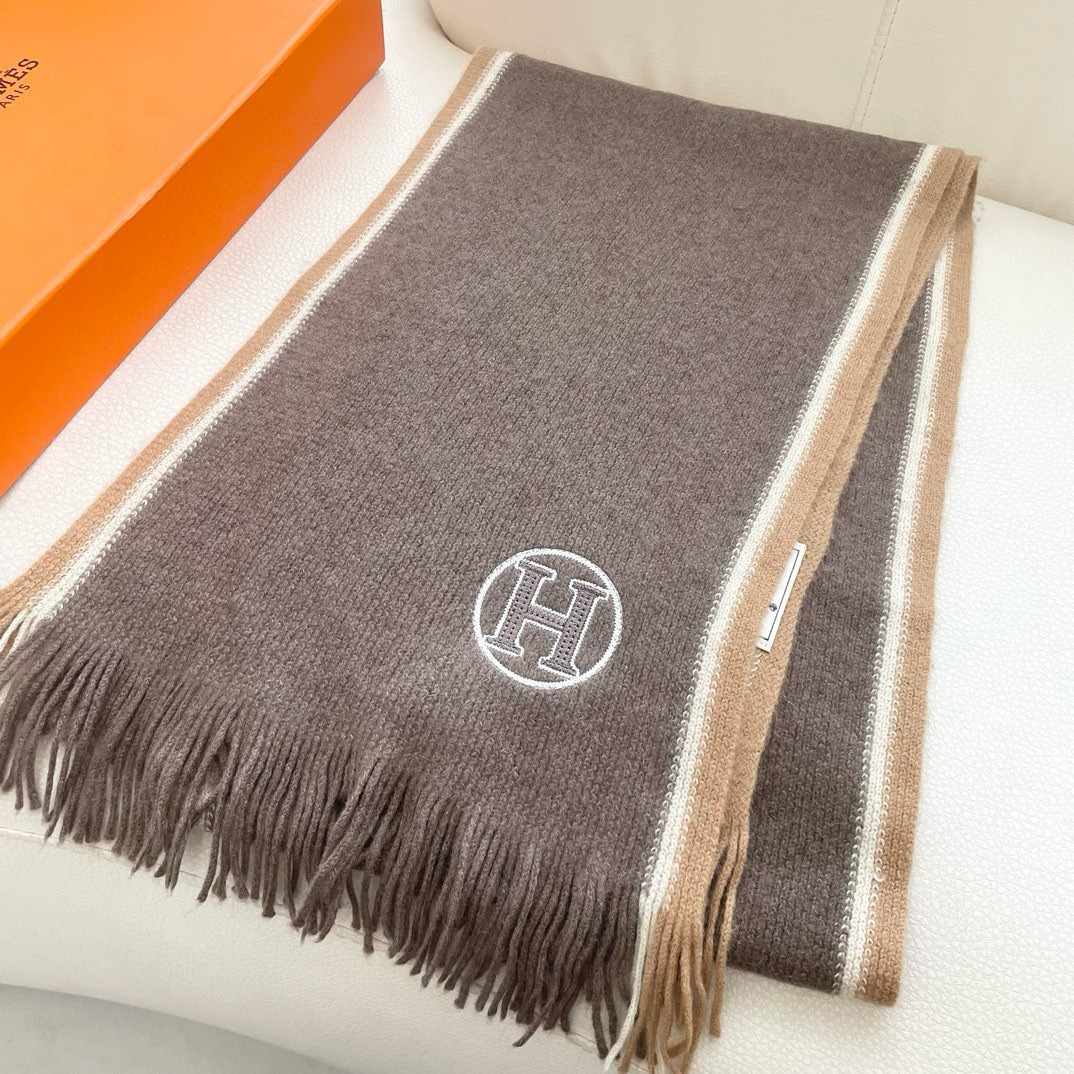 Hermes Cashmere Scarf H-Motif Brown For Women 180cm