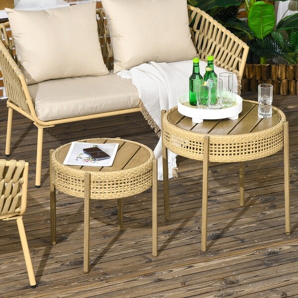 2 Piece Wicker Patio Table Set,Outdoor Round Coffee Table Set