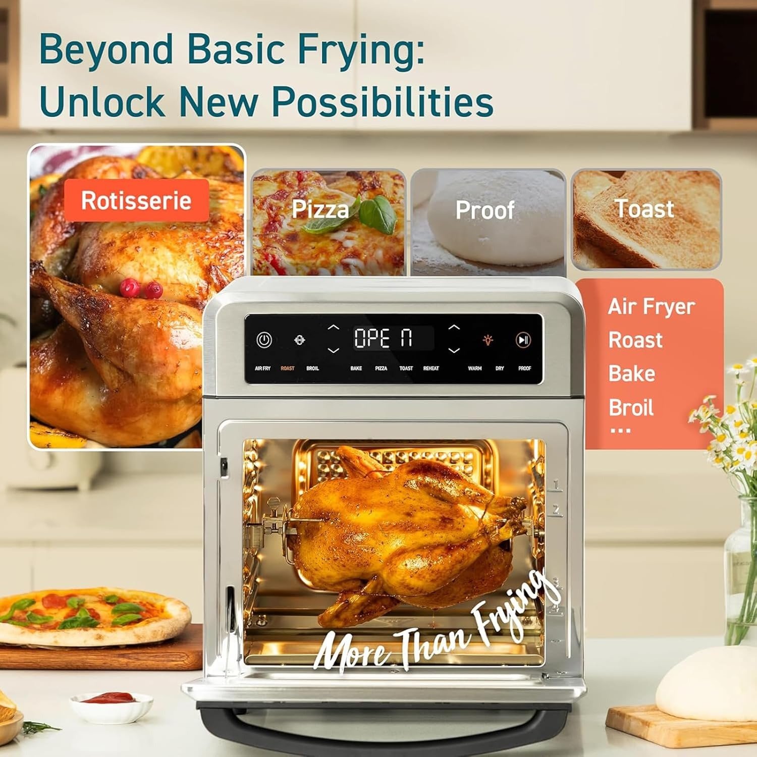 13QT 11-in-1 Air Fryer Oven, Rotisserie/Toast/Bake, Dual Heating, Silver Stainless Steel