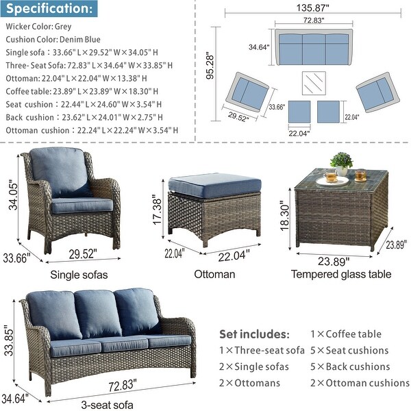 OVIOS 6piece Conversation Wicker Sectional Set with Table