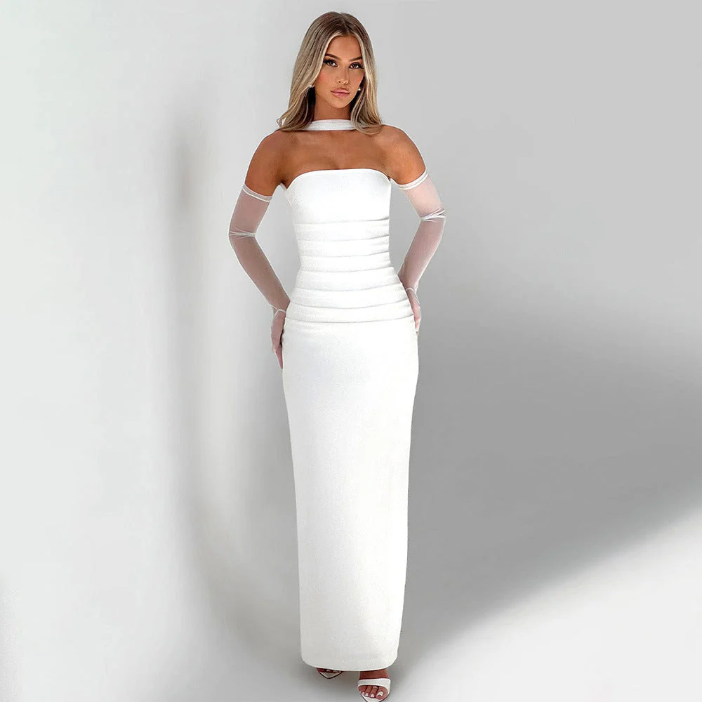 Strapless Ruched Maxi Dress With Sheer CapeClistos