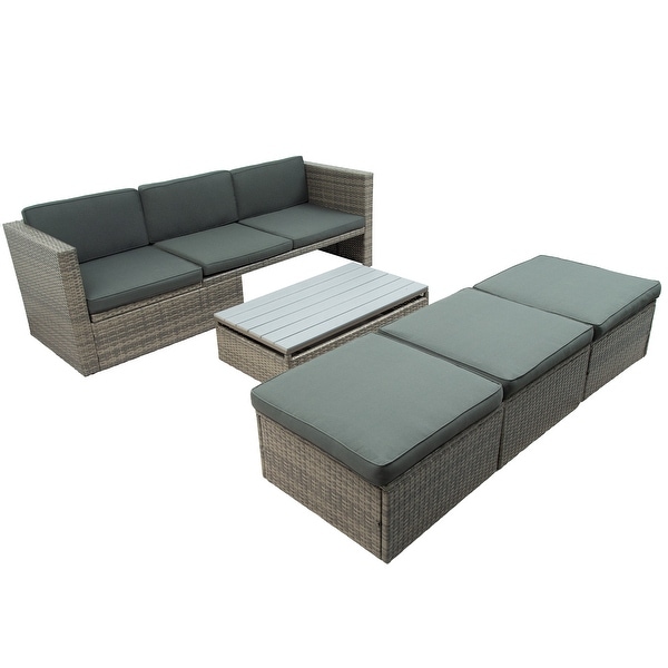 5Piece PE Wicker Sofa Set with Adjustable Backrest,Ottomans,and Lift Top Table