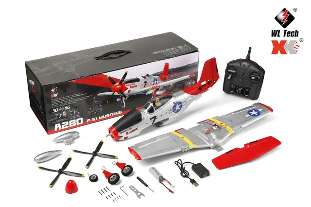 A280 RC Plane 2.4G 4CH 3D6G Mode Aircraft P51 Fighter Simulator with LED Searchlight RC Airplane Toys for Children